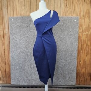 NWT Lavish Alice Wrap Dress Womens Sz 4 One Shoulder Cut Out Midi Navy Blue